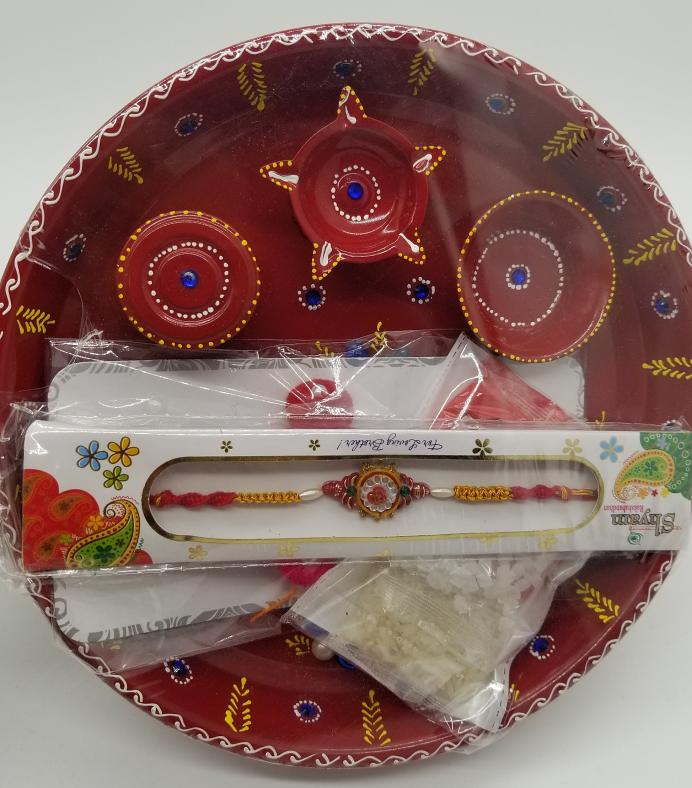Rakhi Platter Gift Set w/ Rakhi Thali, Card, Rakhis, Candy & Kumkum